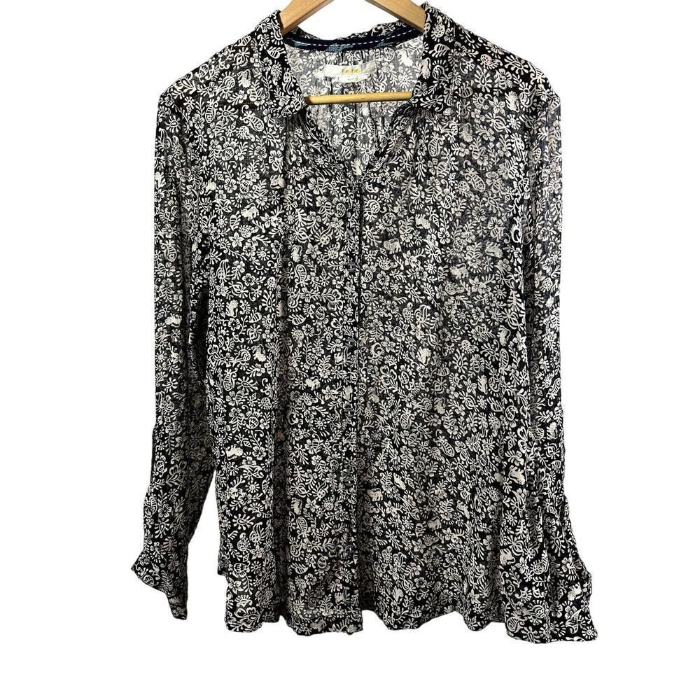 ANTHROPOLOGIE HEI HEI Women's Cotton Floral Button Down Blouse Black Size Medium